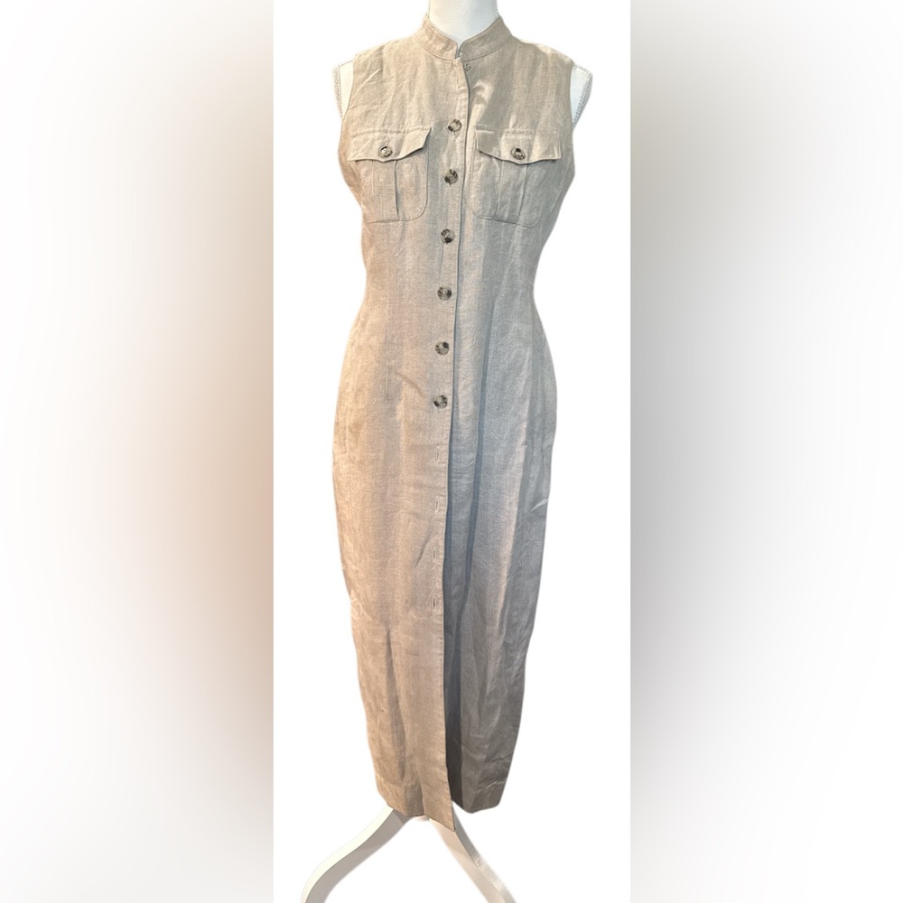 Elegant tan Pure Linen Button-Down Dress Size 6P